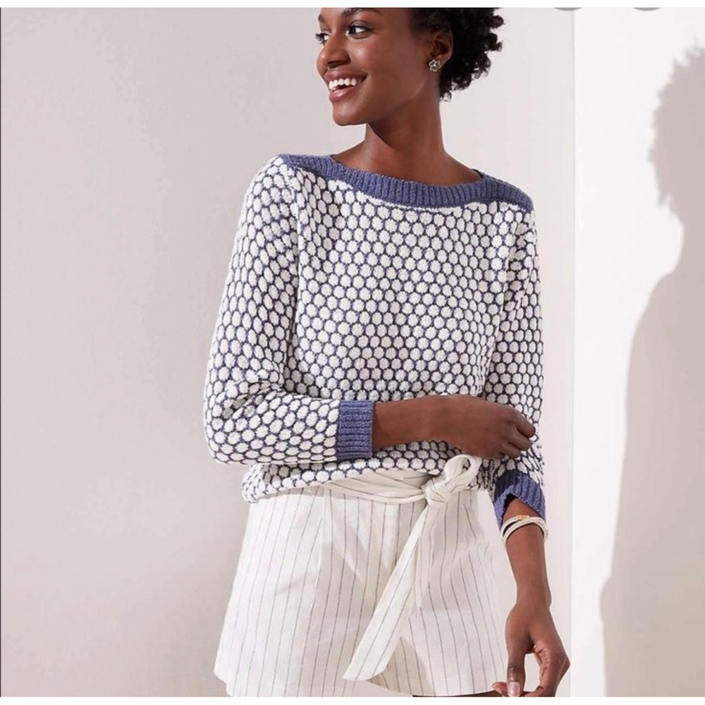 LOFT Blue White Honeycomb Textured Knit Boat Neck Sweater XL 3/4 Sleeve Like New